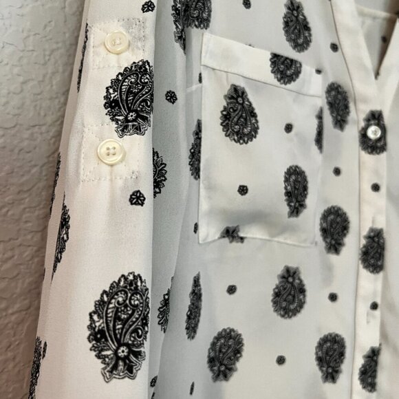 Express Top White w Black Print Portofino Sheer Button‎ Long Sleeve Career Sz SP - Picture 5 of 10